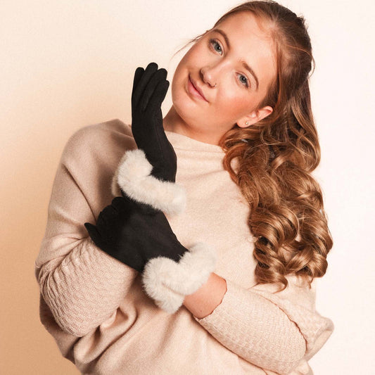Faux Fur Cuff Gloves Black