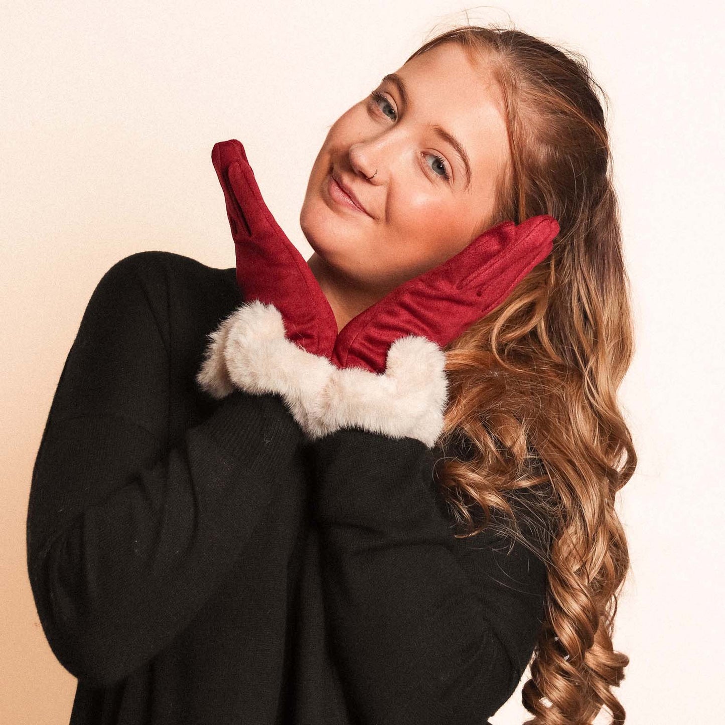 Faux Fur Cuff Gloves Burgundy