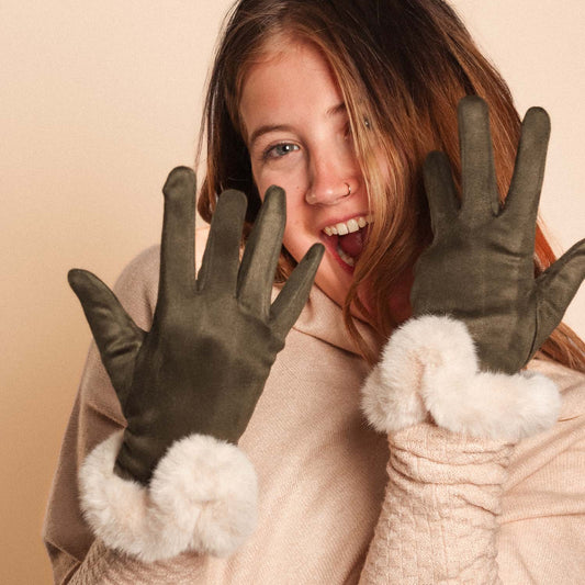 Faux Fur Cuff Gloves Green