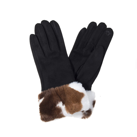 Cow Print Faux-Fur Cuffed Gloves